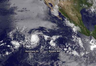 Hurricane Gil in the Eastern Pacific Ocean being chased by System 90