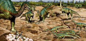 Illustration of the Mussaurus  patagonicus dinosaur nesting site