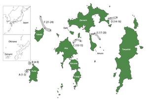 Map showing the seawater sampling sites at 6 monitoring locations around Zamami Island