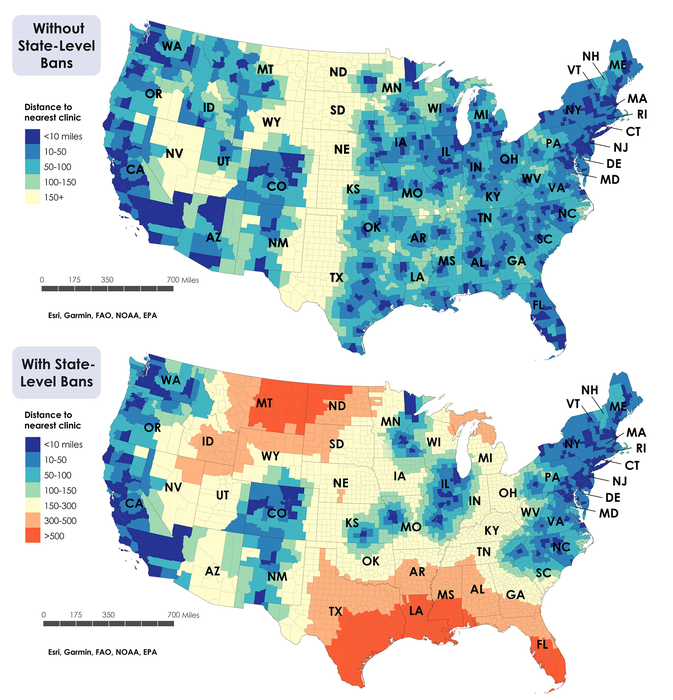 Absolute distance to abortion care