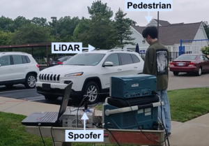 The real-world experiment showing the effect of the attack on a pedestrian moving in front of a lidar-equipped vehicle.