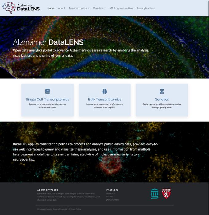 Alzheimer DataLENS, an open data analytics portal that aims to advance AD research by making omics data easily accessible to neuroscientists.