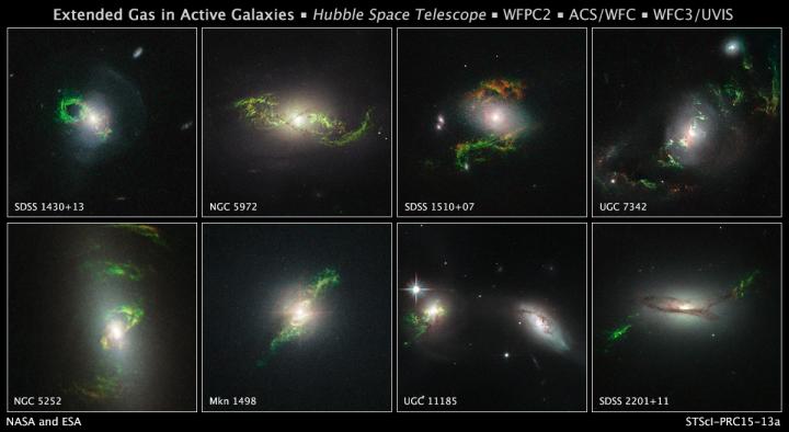 Bizarre, Greenish Looping, Spiral, and Braided Shapes around Eight Active Galaxies