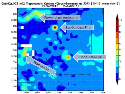 NASA's Aura Satellite Shows Nitrogen Dioxide Levels from New Mexico and Arizona Fires