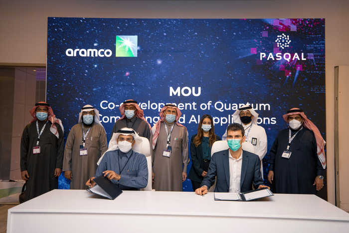 Nabil Nuaim, Chief Digital Officer of Aramco, and Georges-Olivier Reymond, CEO of Pasqal, sign an MoU to collaborate on quantum computing capabilities and applications in the energy sector