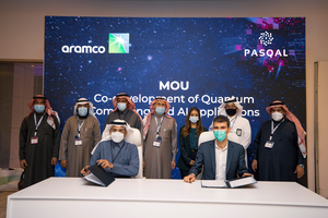 Nabil Nuaim, Chief Digital Officer of Aramco, and Georges-Olivier Reymond, CEO of Pasqal, sign an MoU to collaborate on quantum computing capabilities and applications in the energy sector