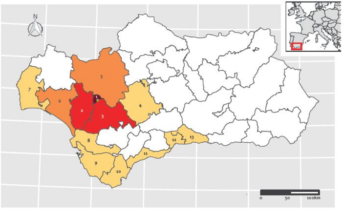 Spatial distribution of confirmed cases of listeriosis, Andalusia, Spain, 1 July–26 October 2019 (n = 207)