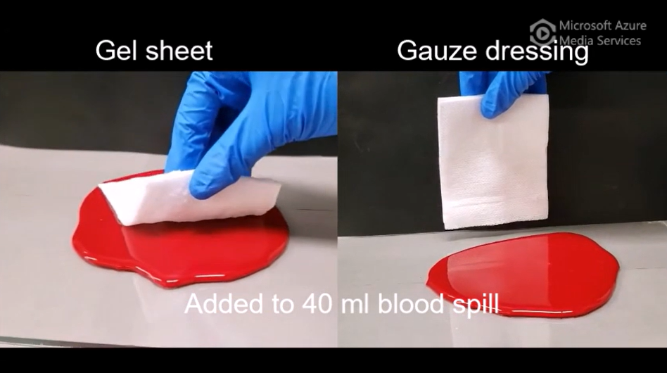 Superabsorbent gel sheet soaking up blood