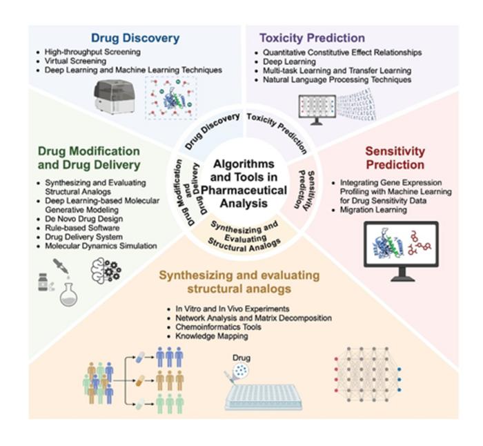 A schematic overview of computational algorithms and tools utilized in various stages of pharmaceutical analysis, encompassing drug discovery, structural modification, delivery, sensitivity prediction, and toxicity assessment.