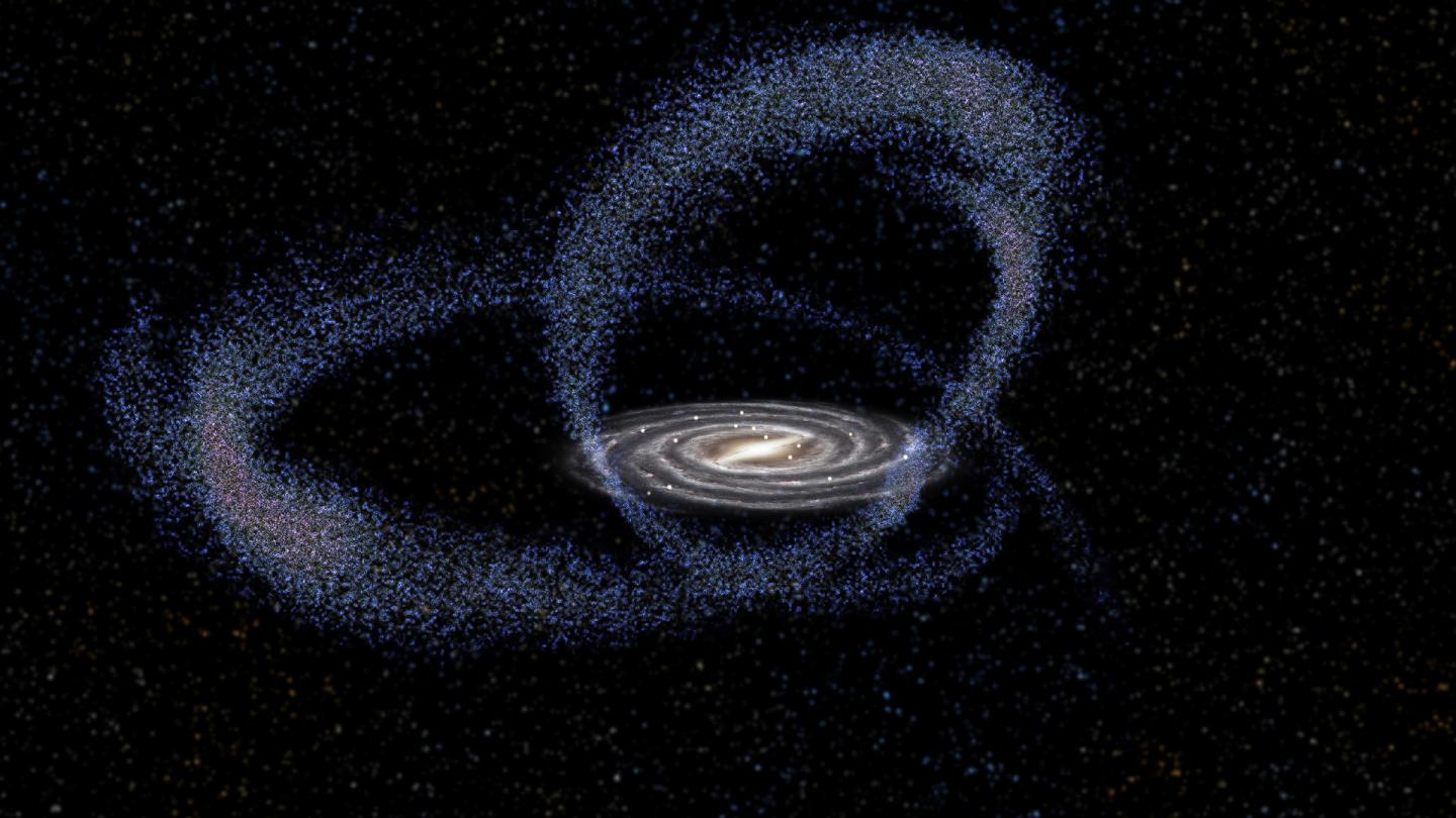 Artistic representation of the current interaction between the Sagittarius dwarf galaxy and the Milky Way