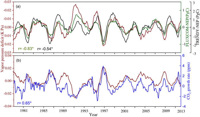Correlations between the interannual variation in land carbon sinks (NEP), atmospheric CO2 growth rate and vapor pressure deficit (VPD) at the monthly scale.