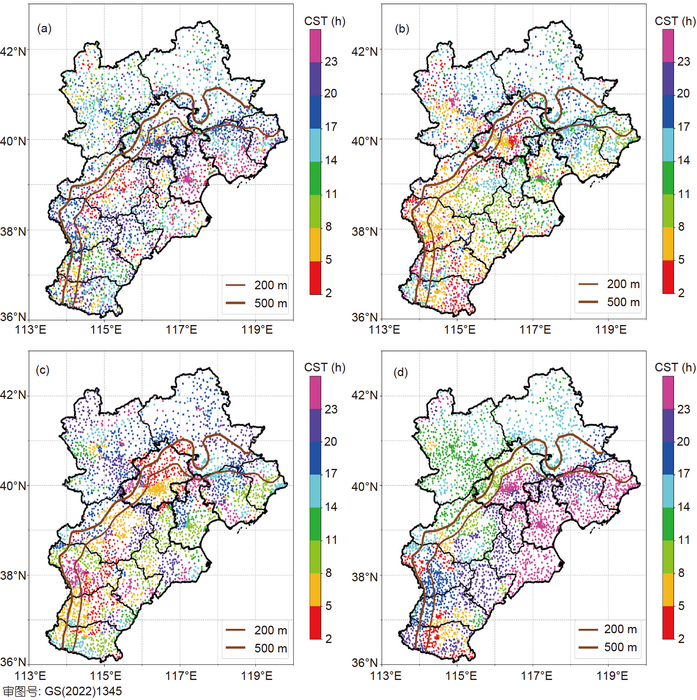 The peak precipitation time of the weak synoptic forcing (WSF) rainfall events.