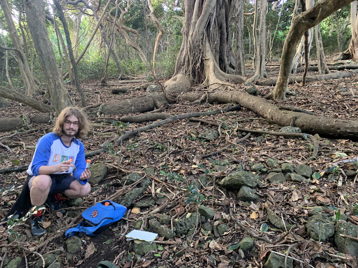 Student Maxim Adams under the banyan tree