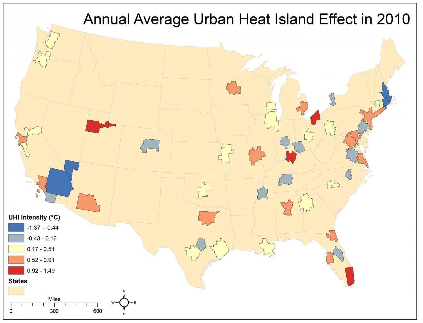 Annual Average Urban Heat Island Effect in 2010