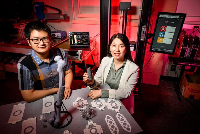 Graduate student Yingqi Jia, left, and professor Shelly Zhang used machine learning and 3D printing to fabricate a new bio-inspired material that may improve conventional methods for healing broken bones.