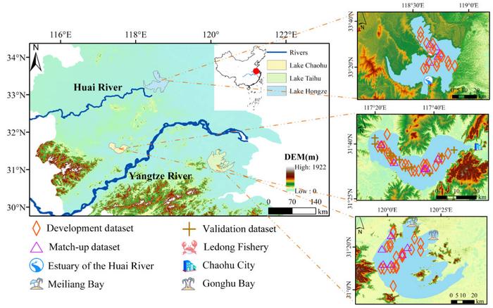 Study areas and sampling locations. Subplots on the right side are Lake Hongze, Lake Chaohu, and Lake Taihu, respectively.