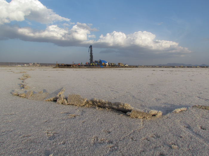 Lakebed with drilling rig
