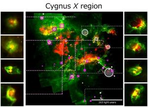 Composite image of bubble-like structures detected using infrared observation data of the Milky Way obtained by the Spitzer Space Telescope