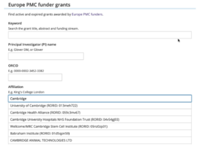 Screenshot of EuropePMC GrantFinder