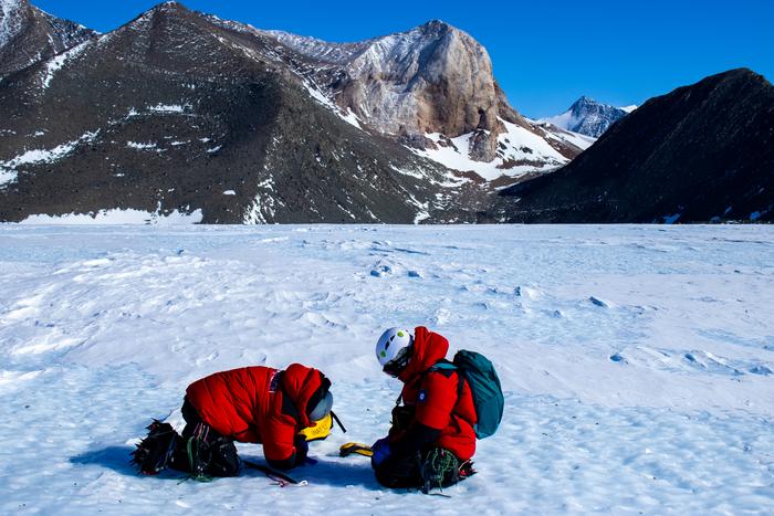 Ice sampling on Union Glacier, Ellsworth Mountains, Antarctica