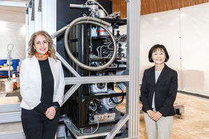 Lara Jehi, M.D., and Ruoyi Zhou, Ph.D., at the site of the IBM Quantum System One on Cleveland Clinic’s main campus.