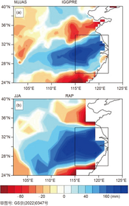 Spatial distribution of the anomaly of the Eastern China total summer rainfall relative to the average from 1470 to 1850 in IGGPRE (a) and RAP (b) reconstruction data (unit: mm). The black box represents the study area.