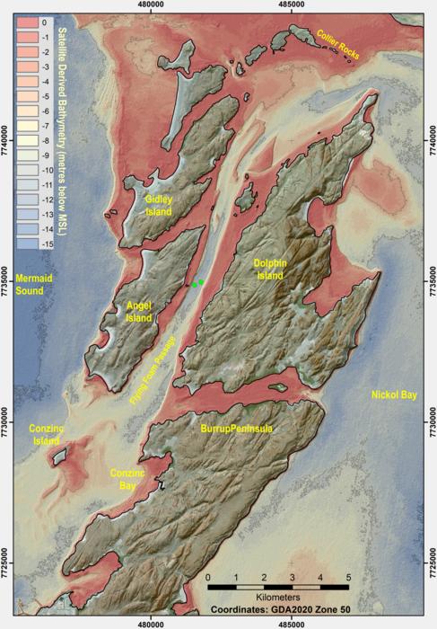 Satellite derived bathymetry map at Flying Foam Passage