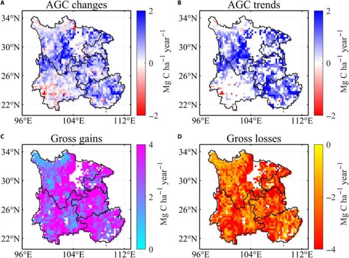 Spatial patterns of AGC density changes during 2013-2021.