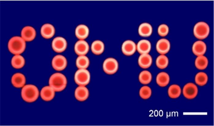 A set of 33 droplets fabricated to create “OMU” using the optical vortex laser-induced printing technique