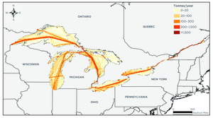 Map of CO2 emissions from ships in the Great Lakes–St. Lawrence Seaway