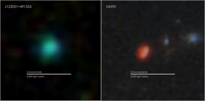 Green pea and cosmic dawn galaxies compared