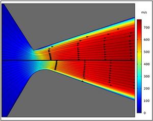 Fig. 16. Comparison between flow in the micronozzle with and without curved-turning throat.