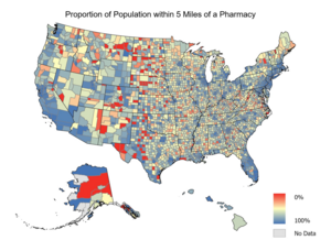 Map of the United States showing proportion of the population in each county who live within 5 miles of a community pharmacy.