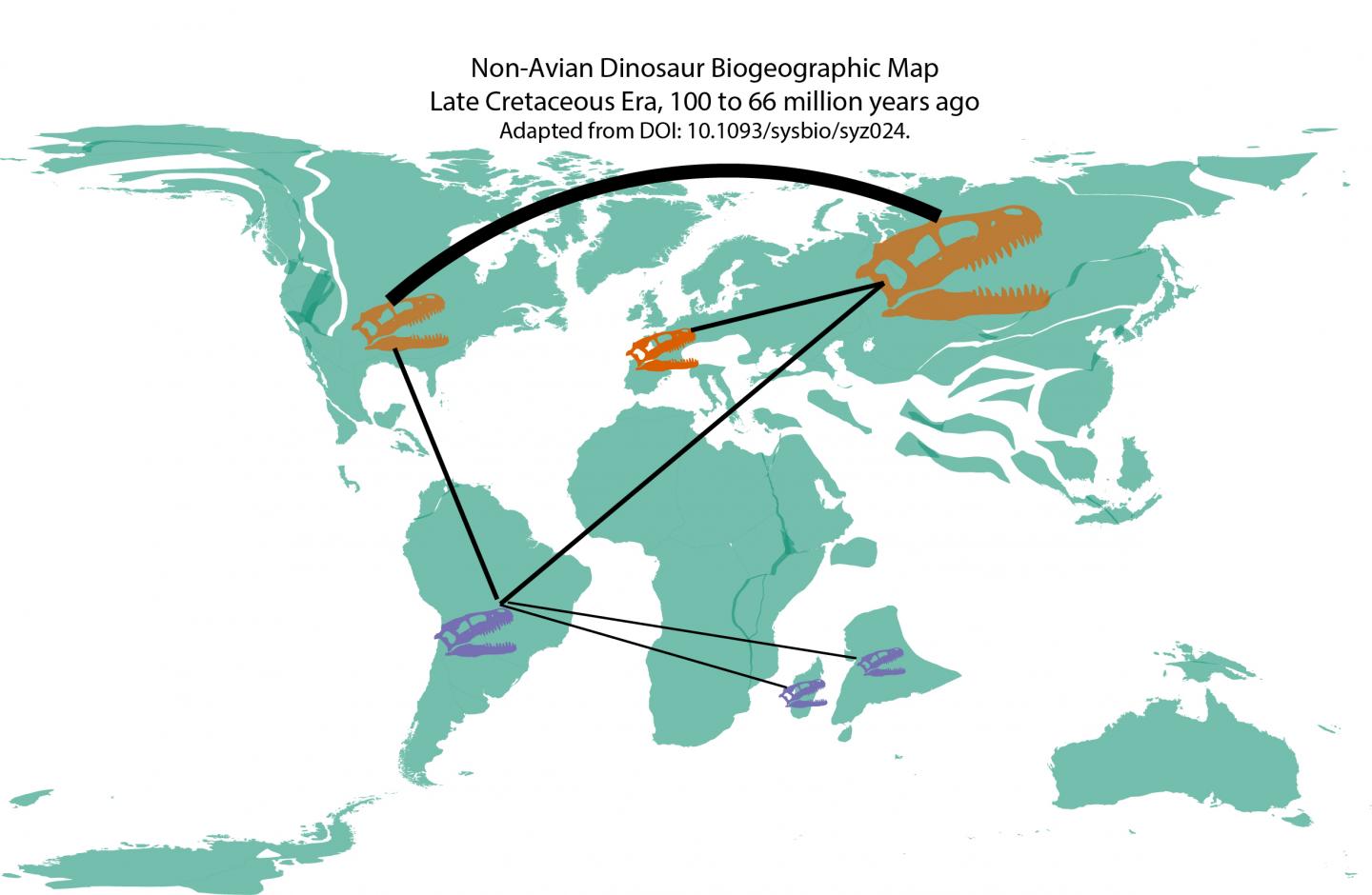Late Cretaceous Biogeographical Map of Nonavian Dinosaurs