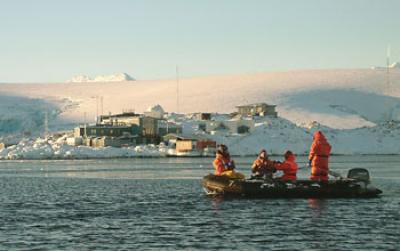 Researchers Train in An Inflatable Boat at NSF's Palmer Station.