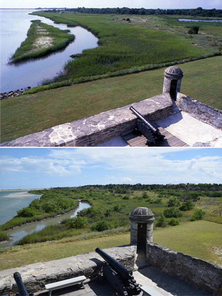 View Facing Southeast from Fort Matanzas, Florida, Photographed in 1969 (Top) and 2018 (Bottom)