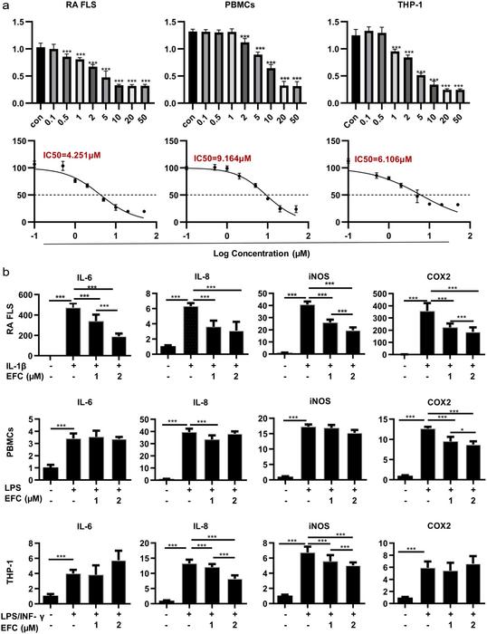 The effects of EFC on RA FLSs, PBMCs, and THP-1 cells