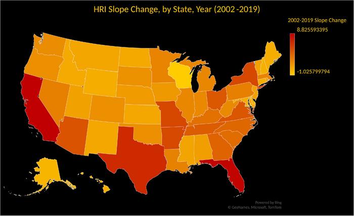 Heat map of all 50 US states and District of Columbia