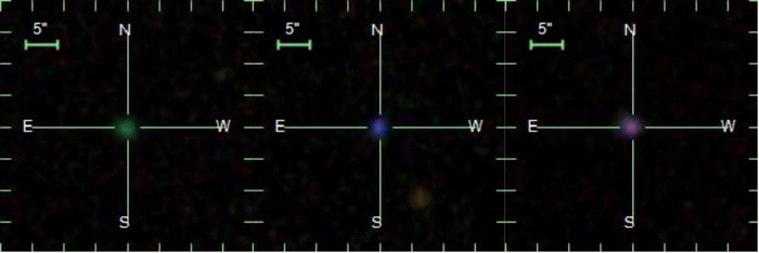 From left to right are images of a Green Pea galaxy, a Blueberry galaxy, and a Purple Grape galaxy