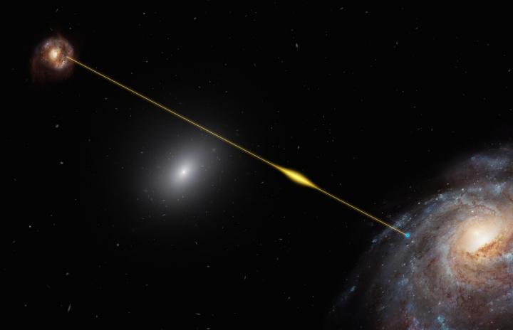 Artist's Impression of a Fast Radio Burst Traveling through Space and Reaching Earth