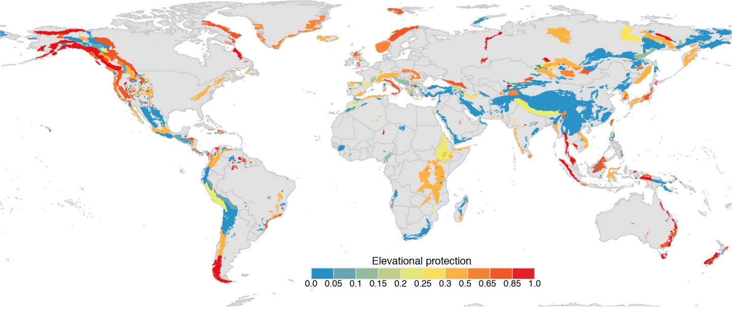 Map of the proportion of all elevations meeting current conservation targets for 1,010 mountain ranges worldwide.