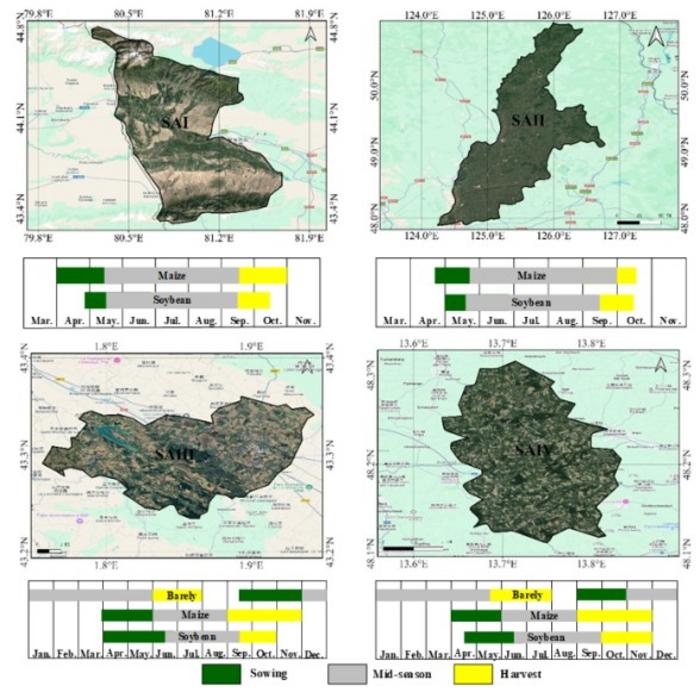 Geographic locations of the four study areas and growth calendars of the target crops in each study area.