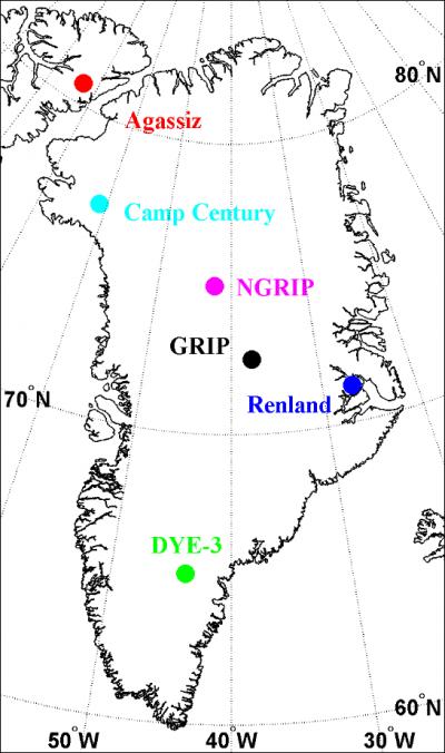 Map of the Ice Core Drilling Locations