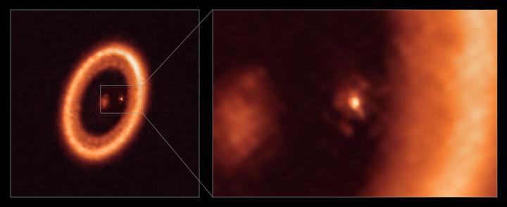 Wide and close-up views of a moon-forming disc as seen with ALMA