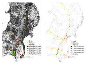 Map overlay of damaged highway sites in 2011 with (a) the 1980 JNLA risk map, and (b) the 2019 MLIT risk map