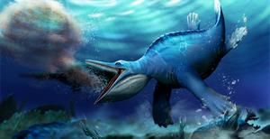 Reconstruction of Hupehsuchus about to engulf a shoal of shrimps