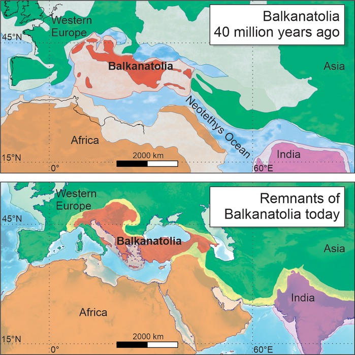 Carte montrant la Balkanatolie il y a 40 millions d’années et aujourd’hui.