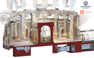 Three-dimensional view of the HBIM model of the floor and of the laser scanner data in the area of the Anastasis Rotunda of the Church of the Holy Sepulchre.