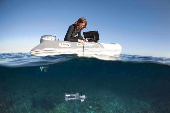 Sarah Hamylton lowering an underwater camera from a boat for coastal research