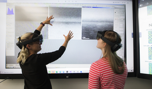 Demonstration of Microsoft HoloLens 2 mixed-reality headsets in Lehigh's NHI Lab.